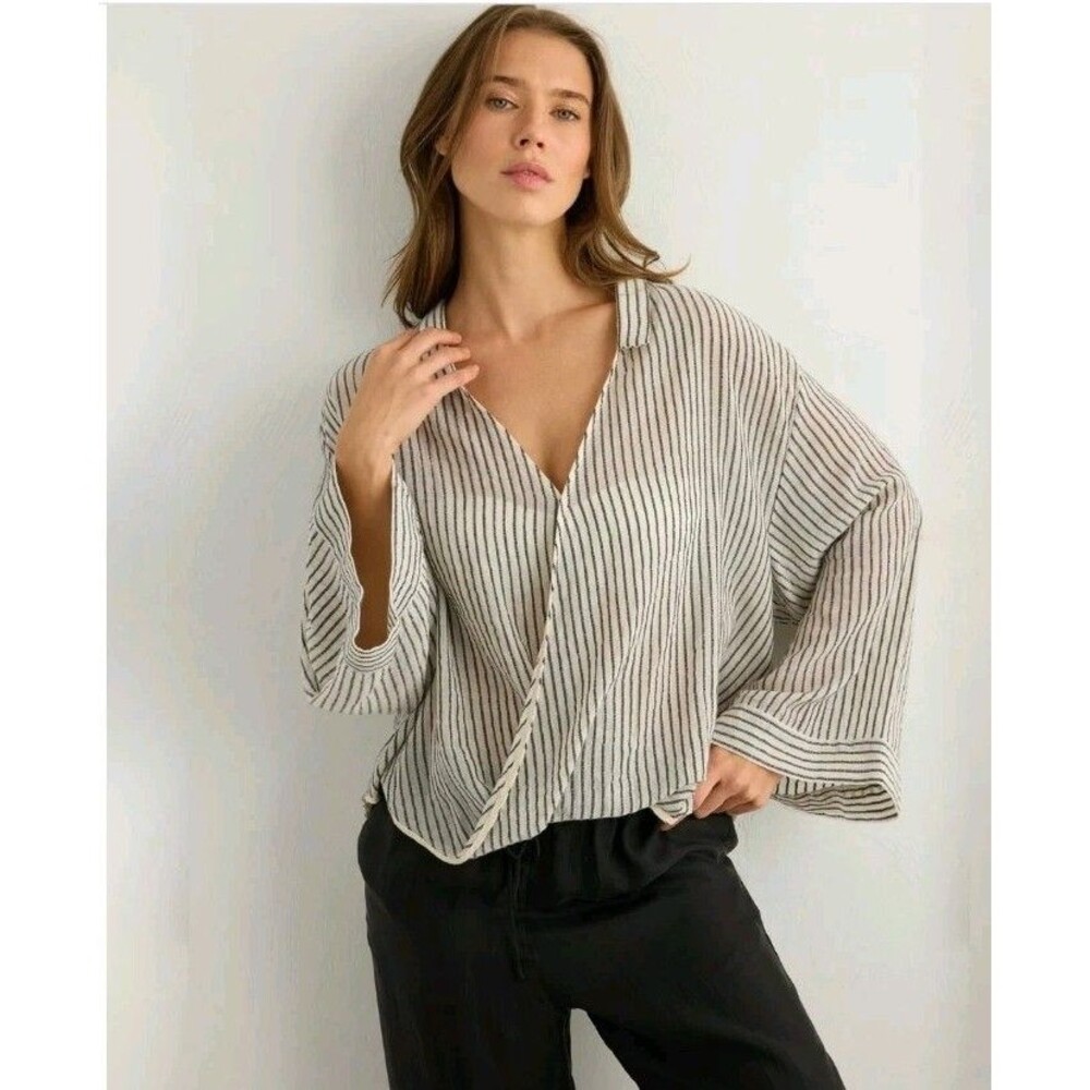 The Handloom LA Striped Surplice Sade Top High-low Cotton V-neck Blouse One Size